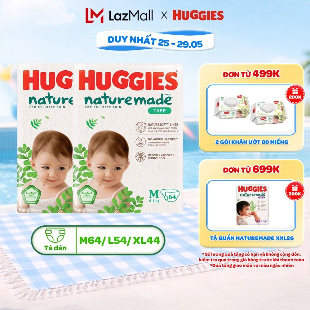 Combo 2 Tã/Bỉm dán Huggies NatureMade NB60/S82/M64/L54/XL44