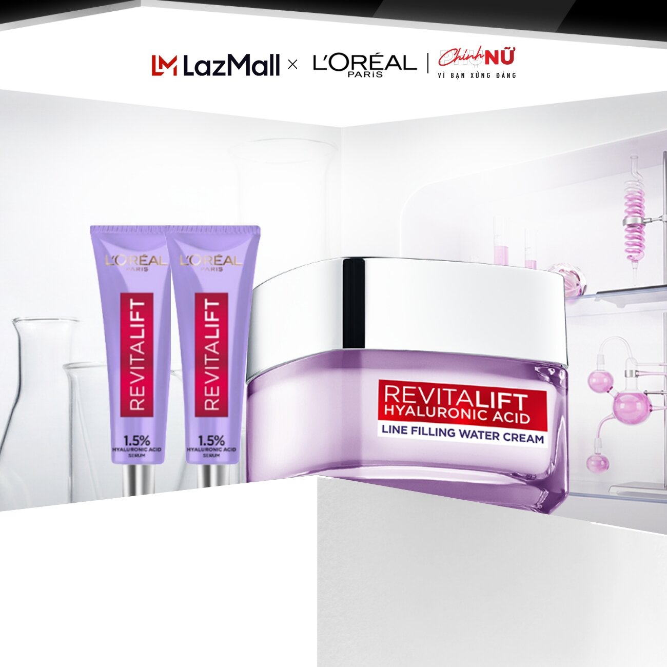 Bộ Dưỡng da cấp ẩm L'Oreal Paris Kem Dưỡng Hyaluronic Acid 50ml và Serum Hyaluronic Acid 7.5 ml x2