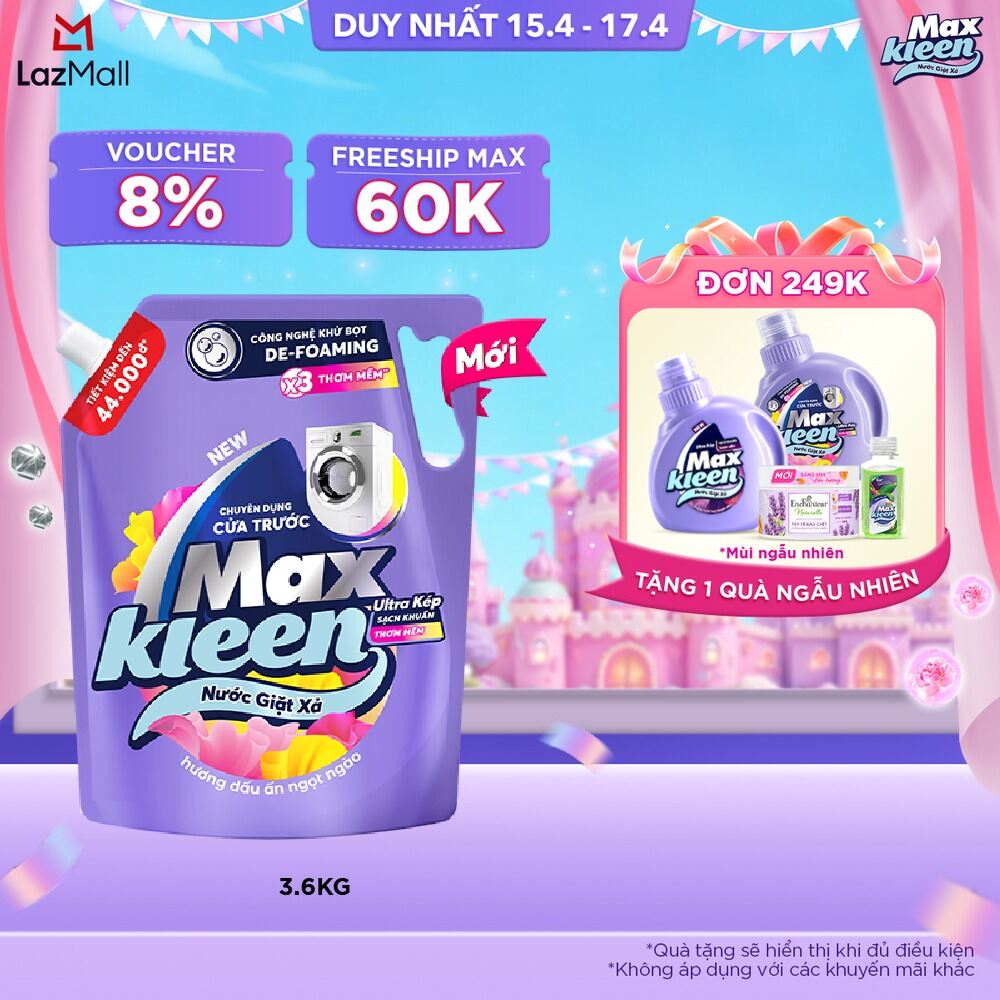 Nước giặt xả cho máy giặt cửa trước MaxKleen hương Dấu Ấn Ngọt Ngào 3.6kg