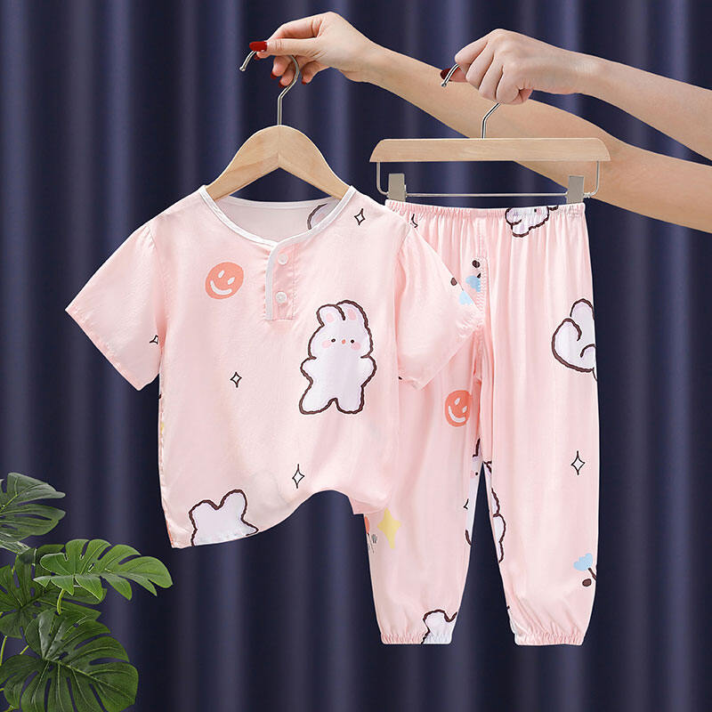 Bộ Quần Áo Ngắn Tay Mùa Hè Dành Cho Trẻ Em Mùa Hè Đồ Ngủ Cotton, Vải Bông Lụa Quần Áo Gia Đình Nhân Tạo Cotton, Vải Bông Dành Cho Bé Trai Và Bé Gái