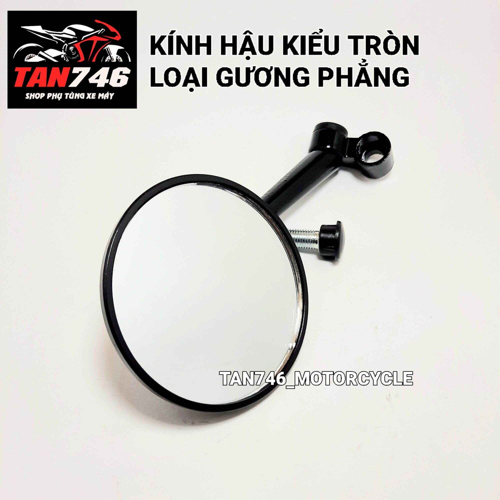 Gương hậu. Kính hậu kiểu TRÒN. Chân kính 10mm mặt gương phẳng, bên trái, Kính lắp được rất nhiều dòng xe gắn máy trên thị trường.