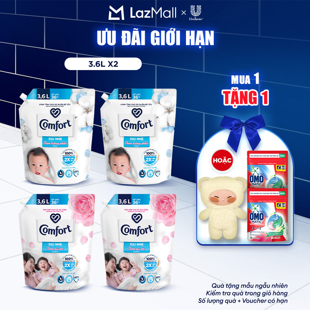  Combo 2 Túi Nước Xả Vải Comfort Dịu Nhẹ Thơm Hương phấn Dịu êm cho Cả Gia Đình 3.6L 