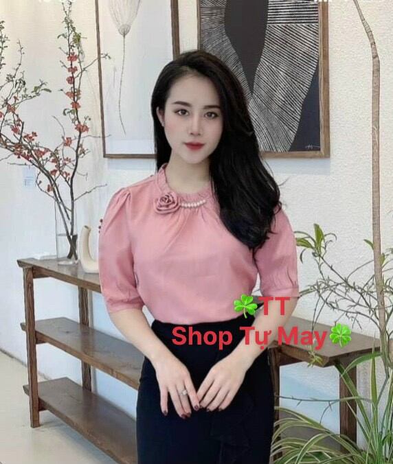 Áo kiểu nữ công sở nhún bèo bông hồng