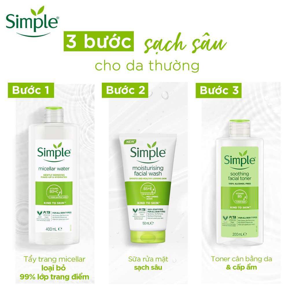 Combo simple tẩy trang micellar 400ml+sữa rửa mặt 150ml+nước hoa hồng toner 150ml