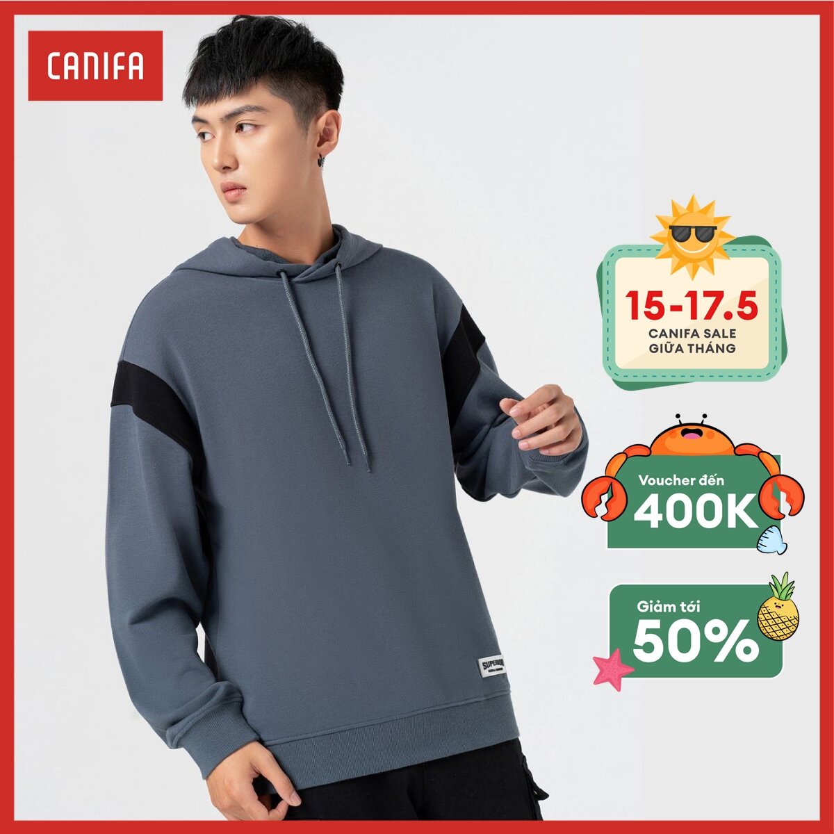 Áo nỉ có mũ nam canifa trang trí 2 bên tay 8tw22w036