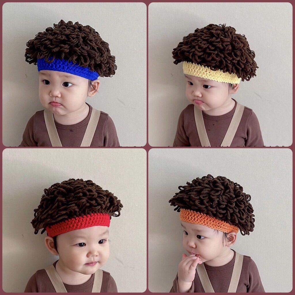 Mũ len tóc giả xoăn bé trai, nón headband tóc xoăn cho bé 6 tháng - 3 tuổi