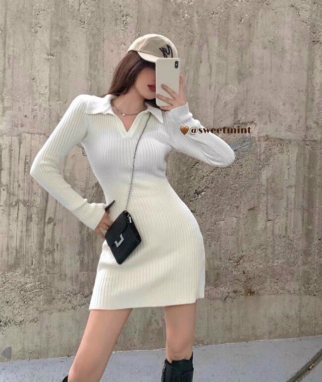 Đầm body gân tăm trơn cổ bẻ BDT1
