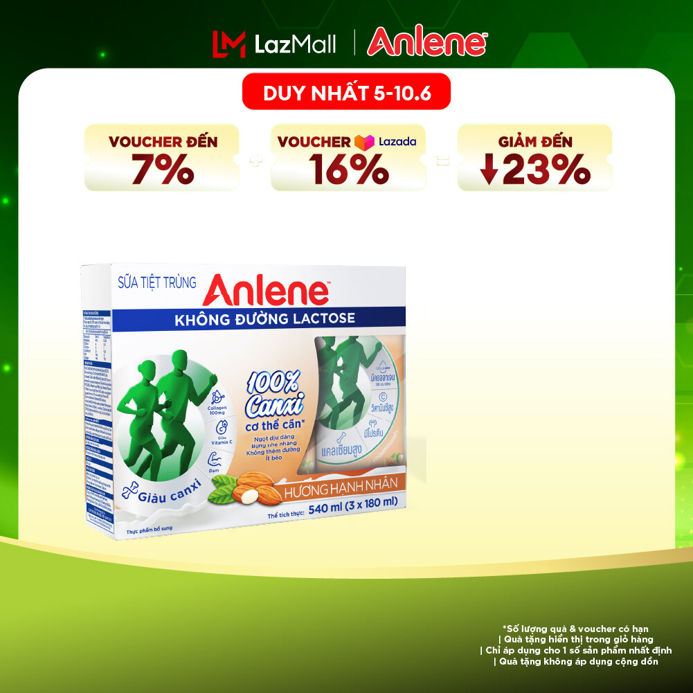 Lốc 3 hộp sữa Anlene không đường Lactose vị hạnh nhân 180ml