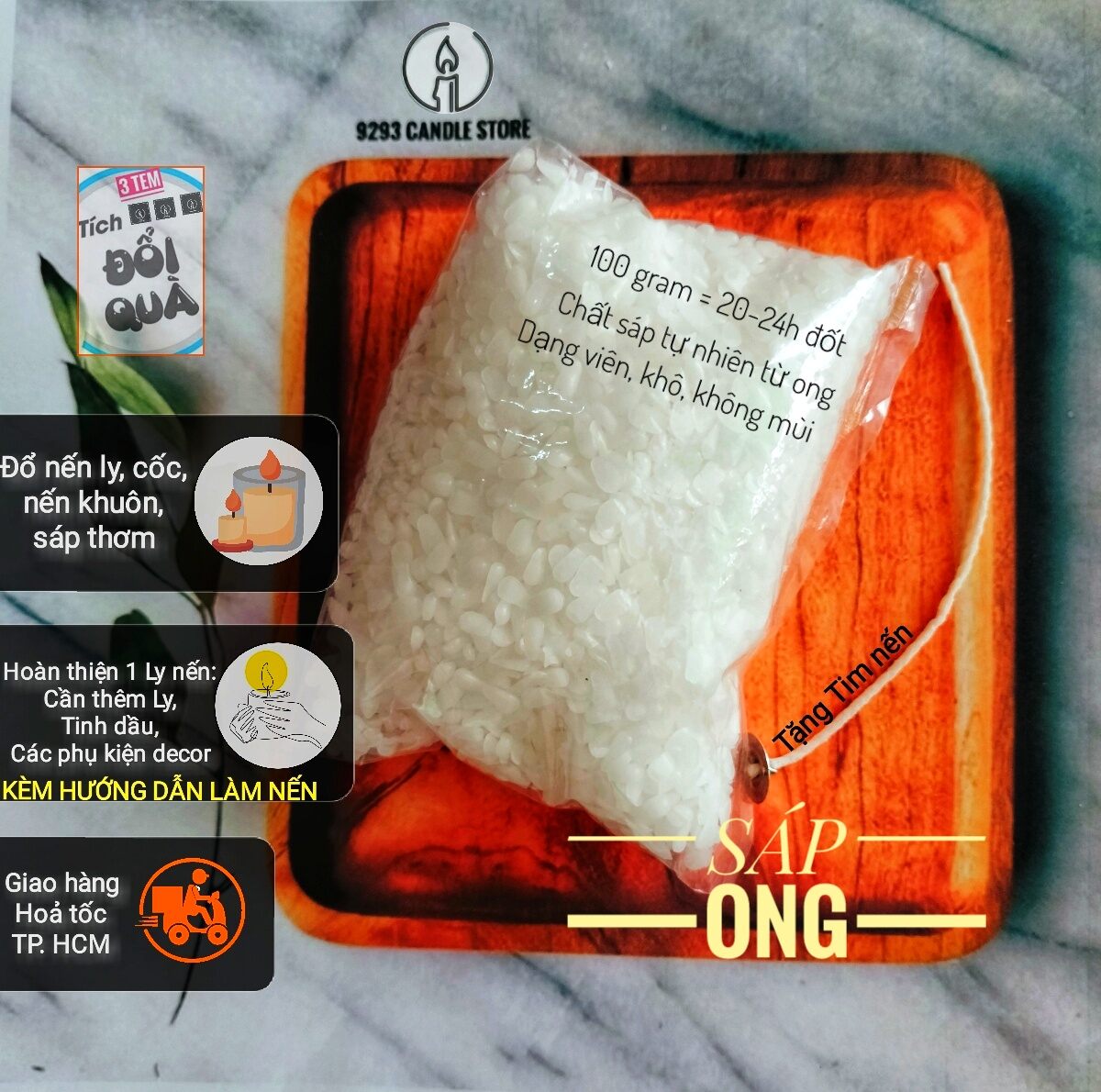 [Tích điểm đổi quà: Hình 2]100-200 Gram SÁP ONG tinh luyện 100% tự nhiên TẶNG kèm DÂY TIM KHÔNG KHÓI tự làm nến Hndmade tại nhà