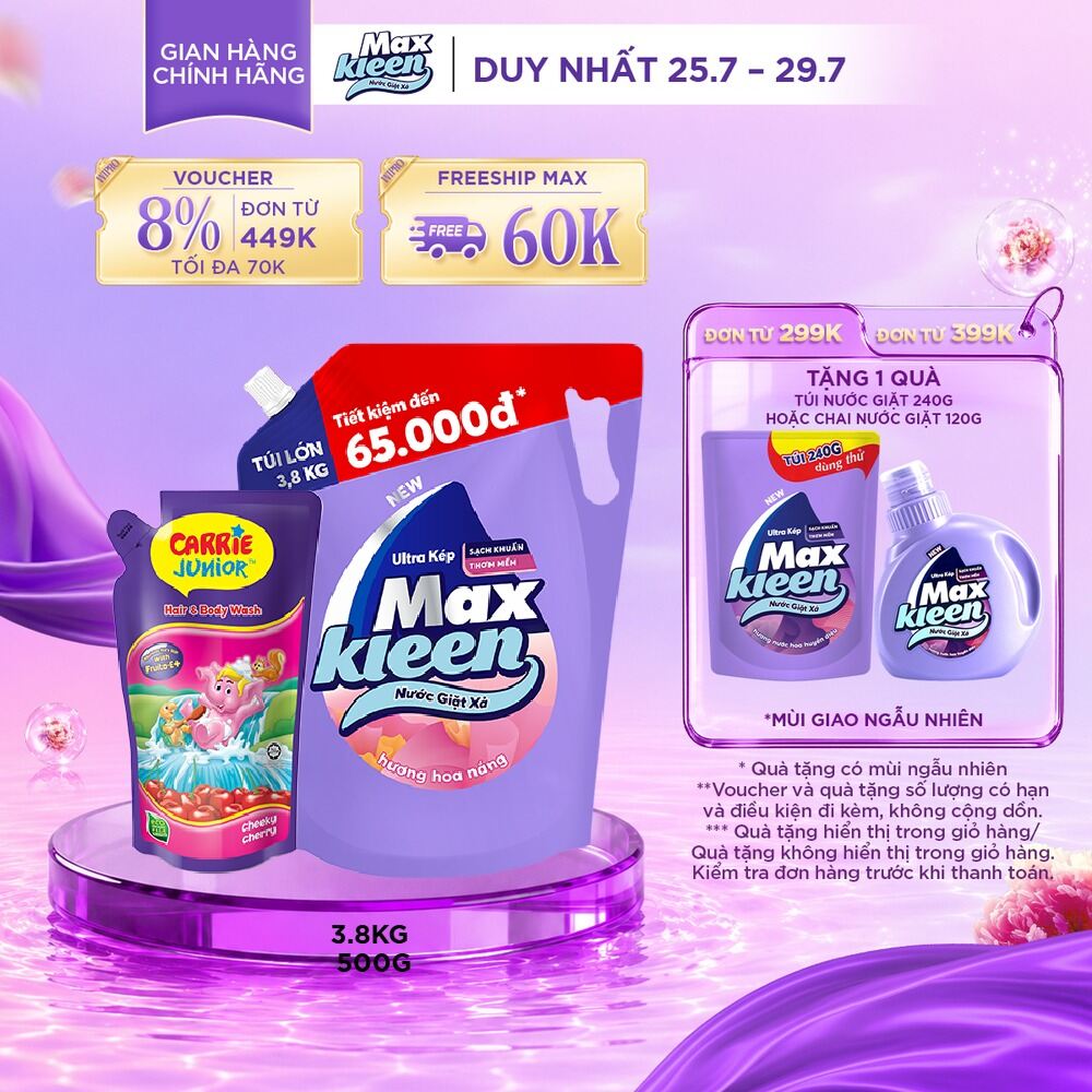 Combo Túi nước giặt MaxKleen 3.8kg + Túi sữa tắm cho bé Carrie Junior hương Cheeky Cherry 500g