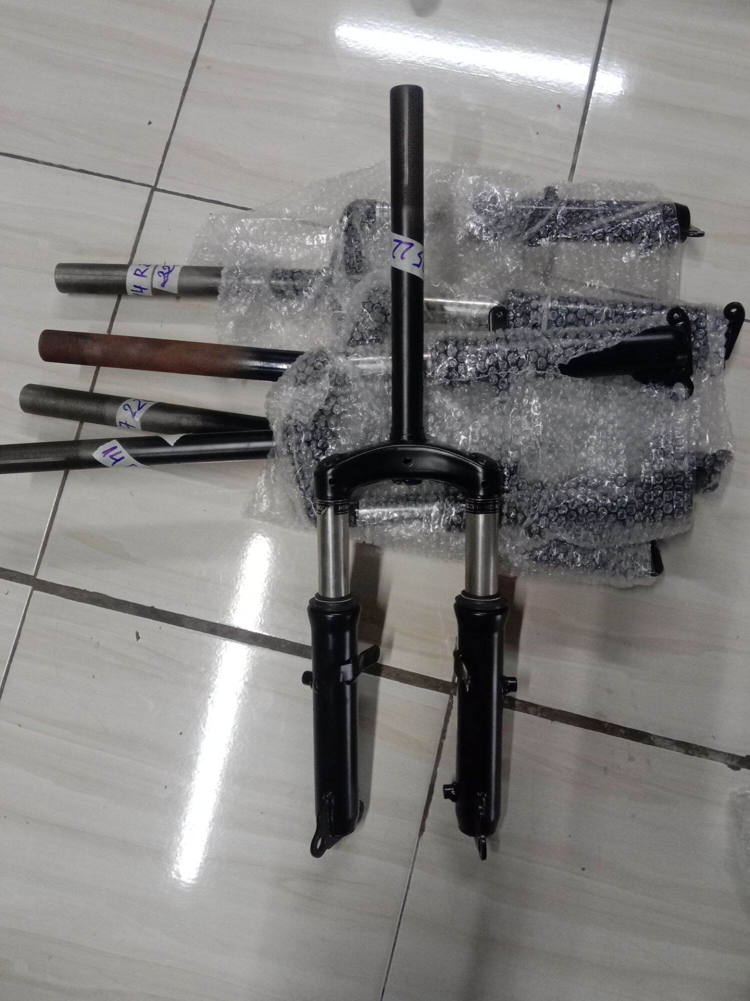 Phuộc nhún trước xe đạp điện 14in, ống răng 25mm, xe new beer, nhún xe điện 14in, Phuộc trước xe điện 14in, ống răng 25mm