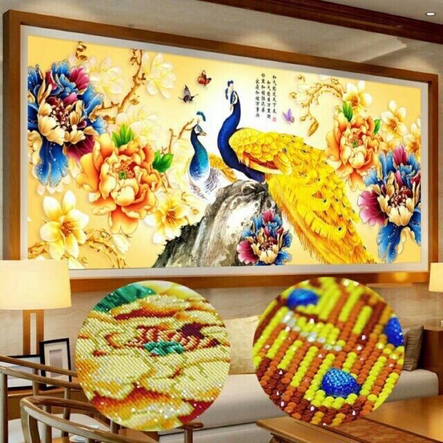 Tranh đính đá khổng tước phú quý df2177/ 182x73cm/ chưa đính đá