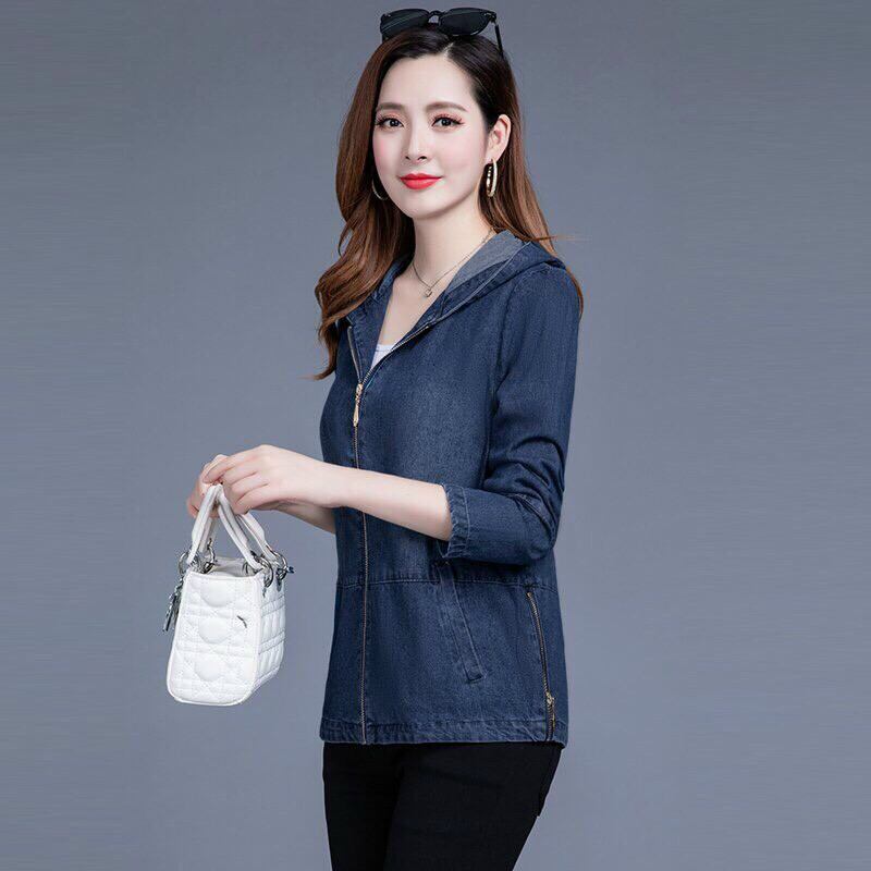 Áo khoác jean nữ phối nón khóa kéo