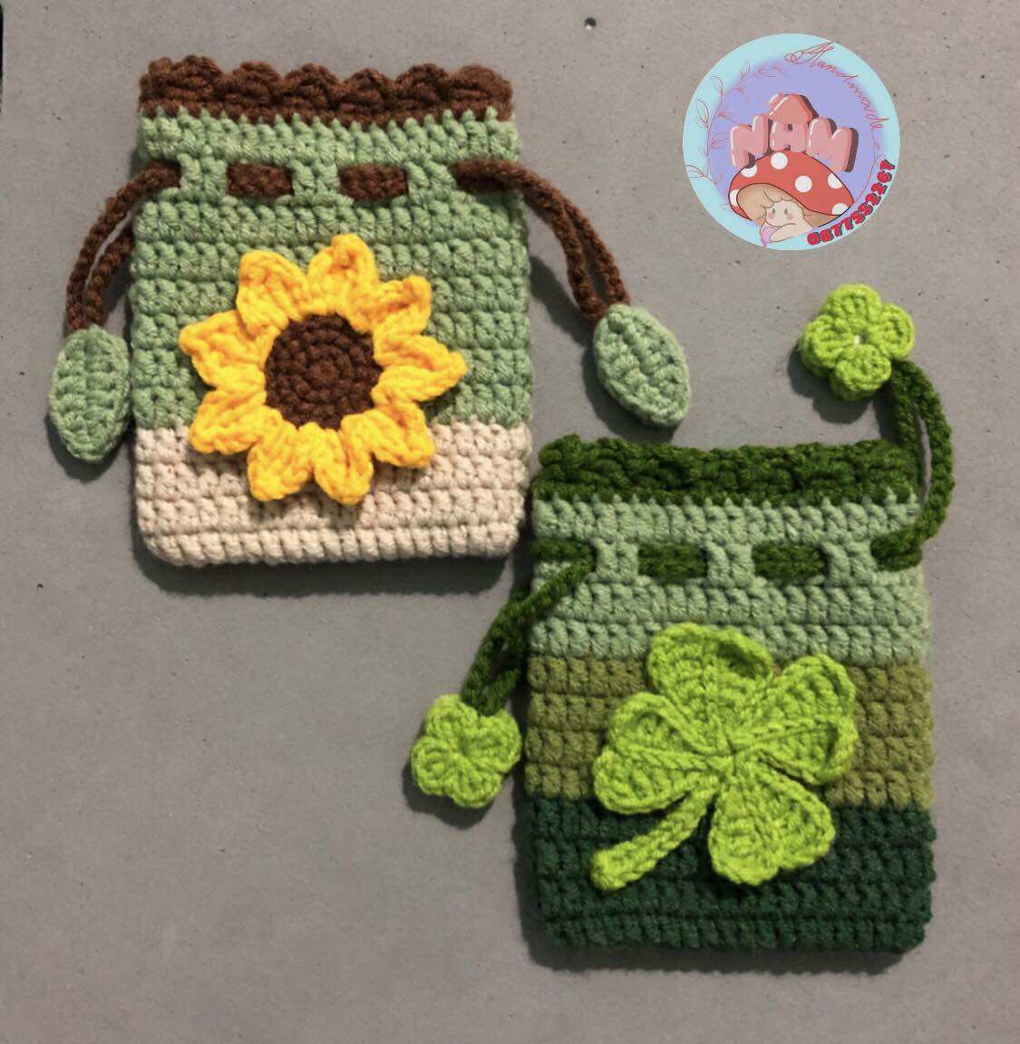 Handmade Drawstring Bag Made of Wool in the Shape of Flowers [Handmade Mushroom]