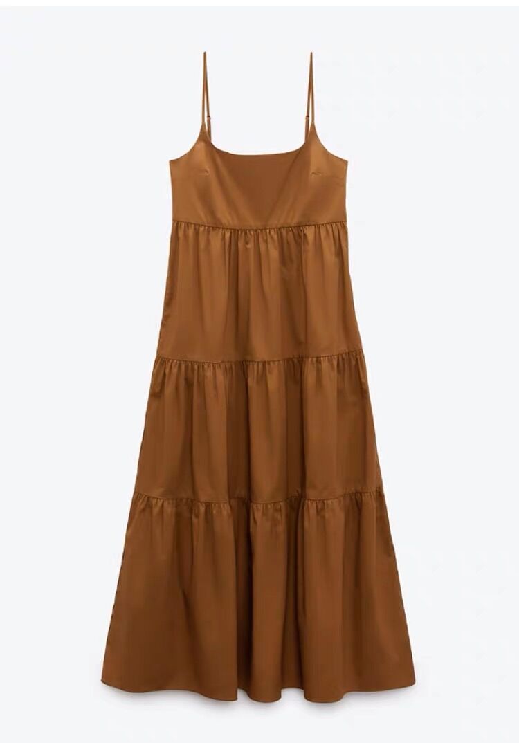 Đầm Zara 2 dây nâu maxi cực tây
