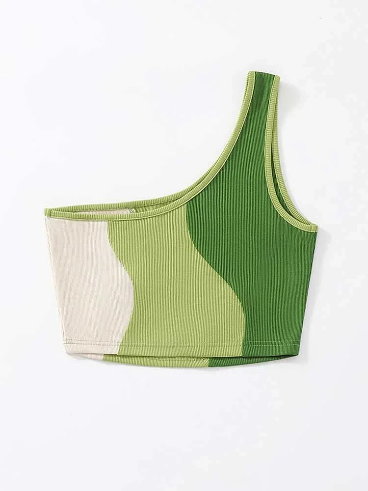 Áo croptop XANH lệch vai phối 3 màu ( 271710 )