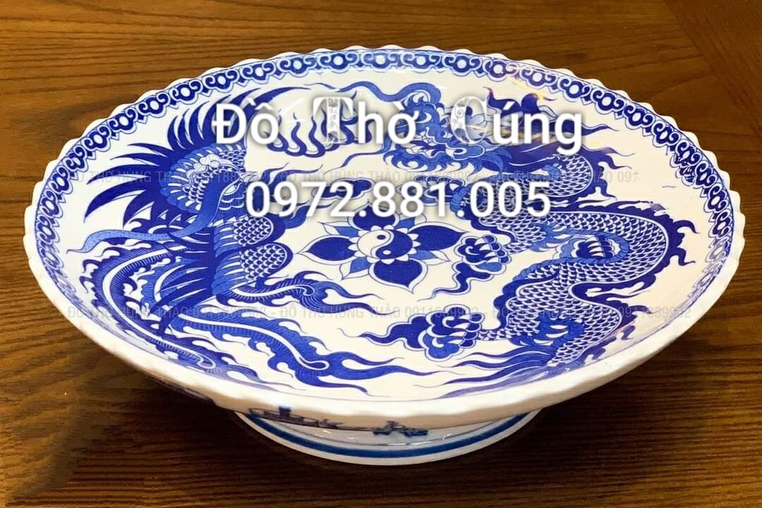 Mâm bồng /đĩa có chân men lam Giả nổi đựng hoa quả đồ lễ