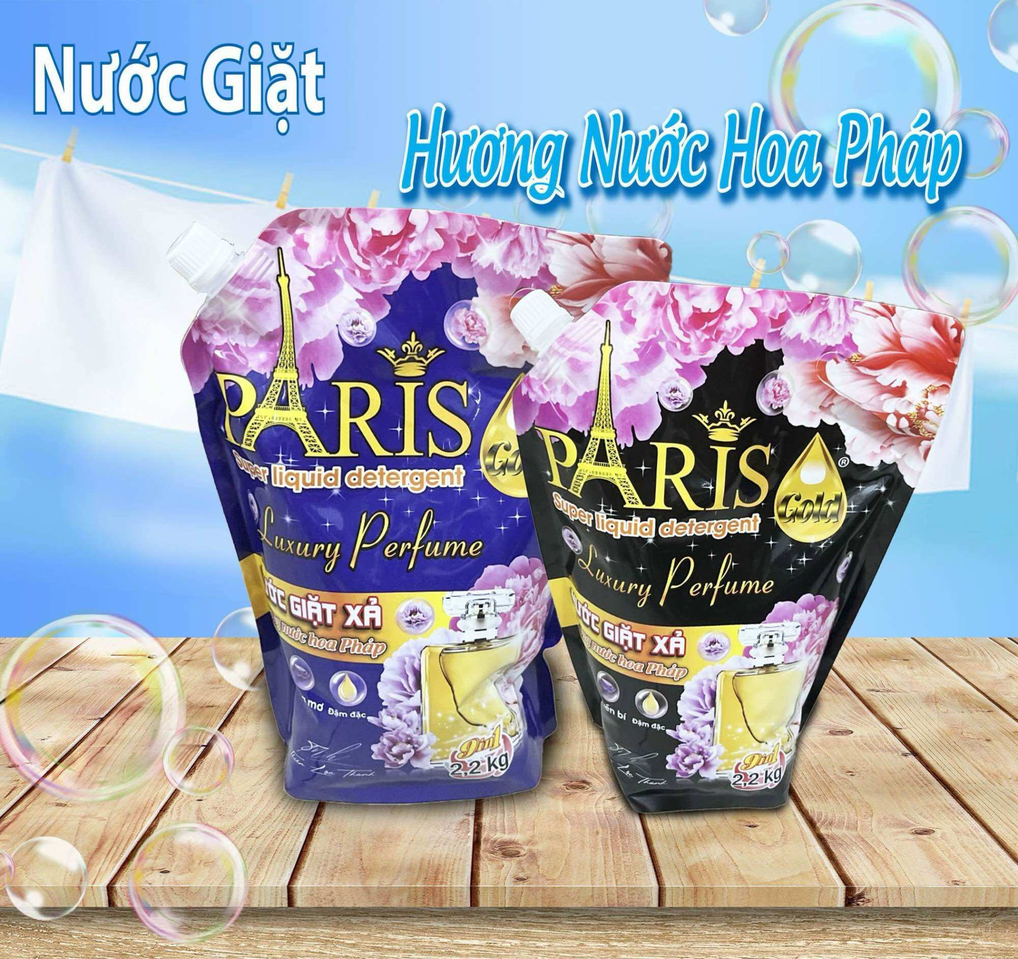 Nước giặt xả paris 5in1 túi 2200ml, nước giặt xả hương nước hoa, tẩy siêu sạch