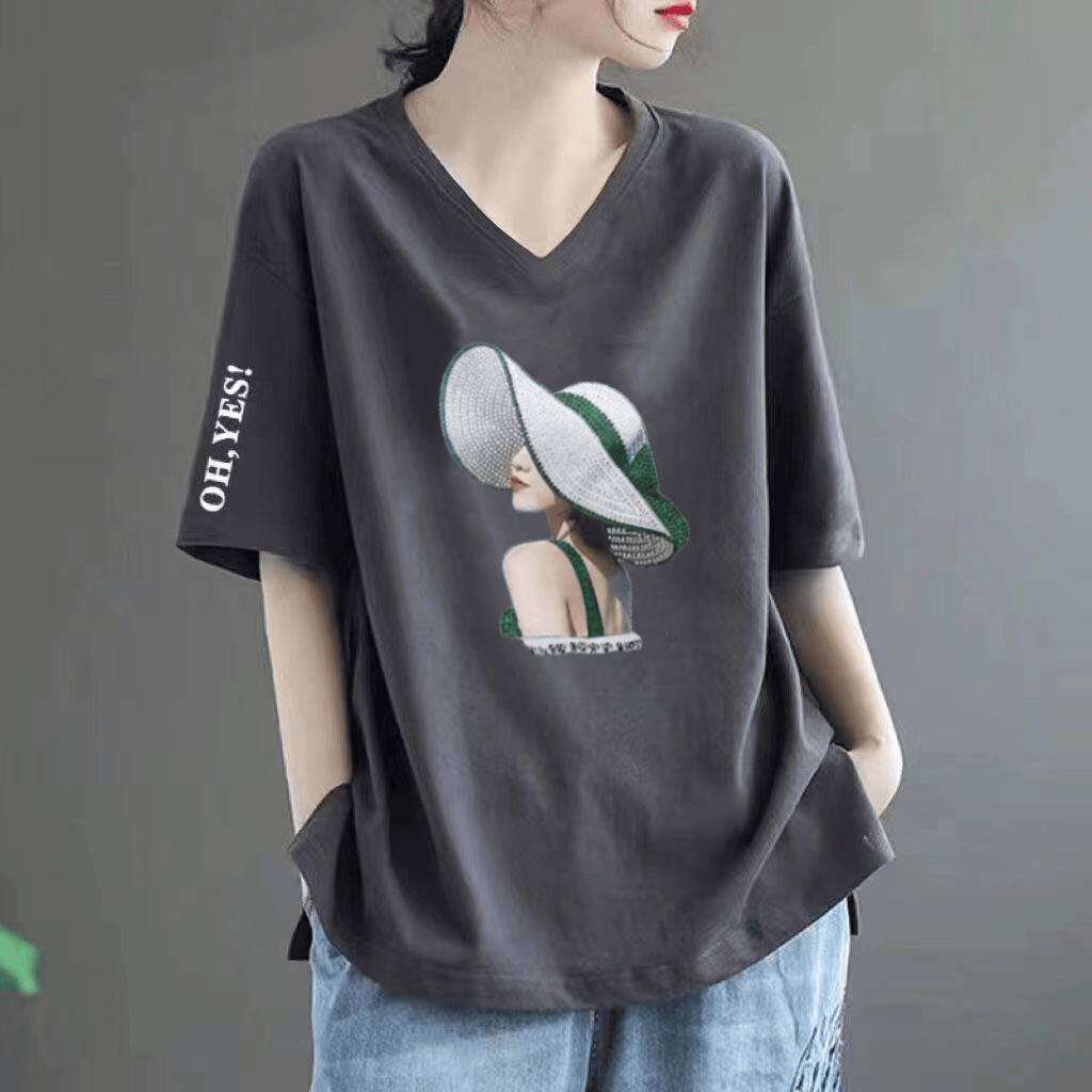 Áo Thun Cotton Cổ Chữ V Tay Ngắn Dáng Rộng Cho Nữ Mùa Hè Mới Cỡ Lớn Giảm Béo Mẹ Trung Niên Quần Áo C