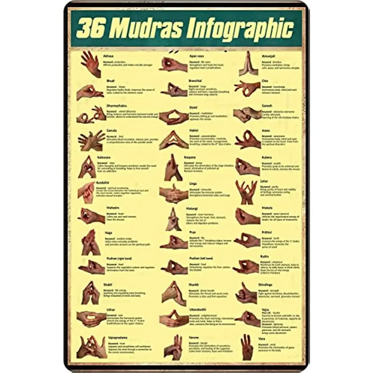 Vintage 36 Mudras Infographic Poster Kim Loại Nghệ Thuật Treo Tường Cho Nhà Thanh Câu Lạc Bộ Quán Cà