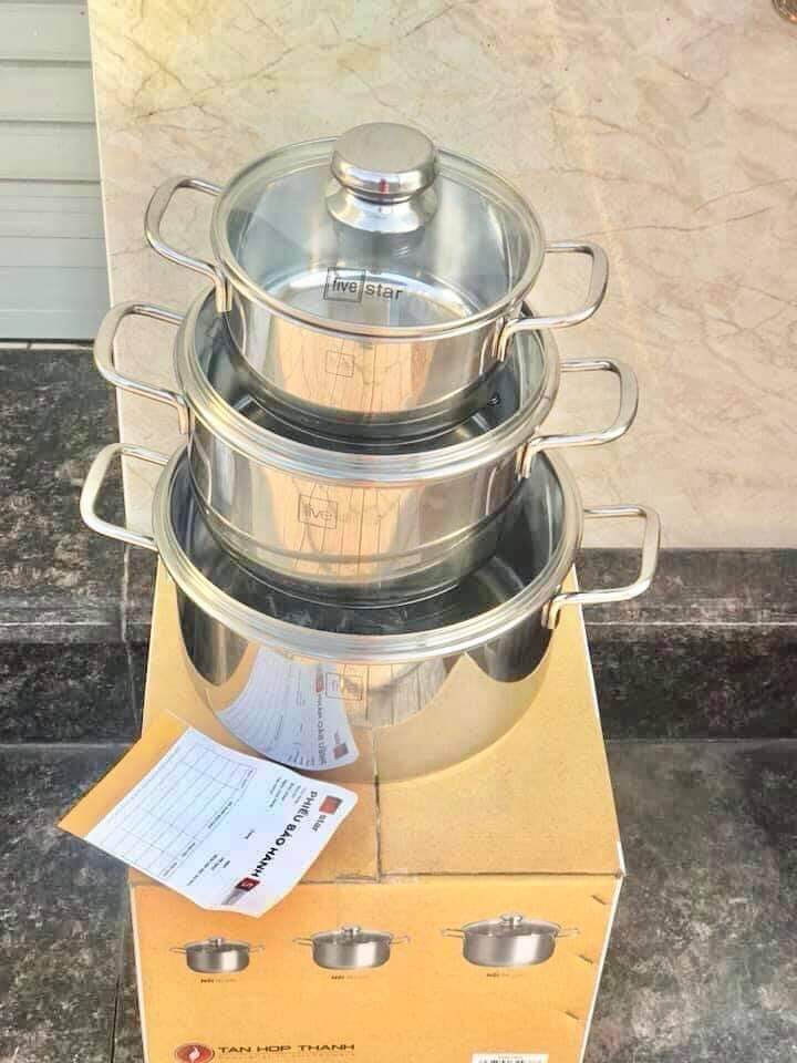 Bộ 3 nồi inox 3 đáy nắp kính Fivestar
