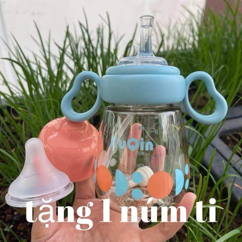 2in1 (1 núm ti +1 núm hút+ bình sữa 300ml) Bình Sữa - Bình Uống Nước PPSU Kuqin 300Ml Có Kèm Tay Cầm