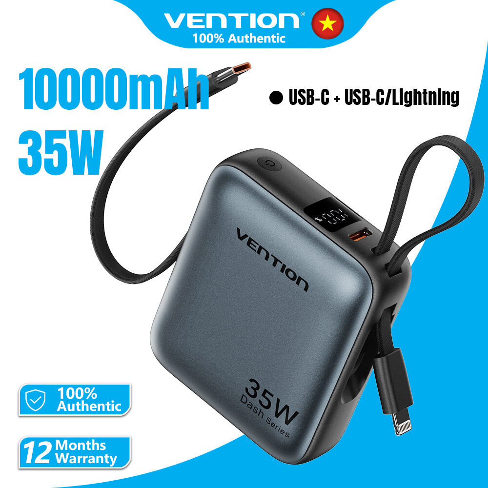 Vention® sạc dự phòng Pin dự phòng mini 35W 10000mAh USB-C + USB-C/Lightning tích hợp cáp USB-C và L
