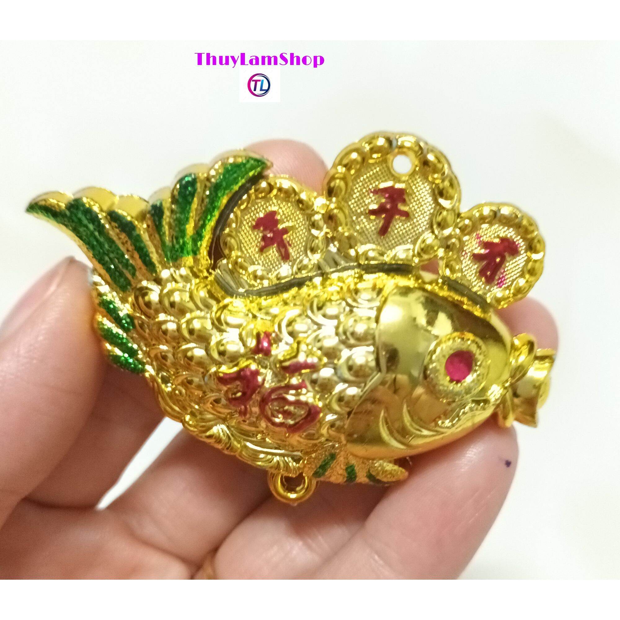 Cá chép ngậm thỏi vàng in chữ Phúc treo trang trí cây cành vàng lá ngọc, tháp tỏi, trang trí lễ tết kích hoạt thu hút tài lộc