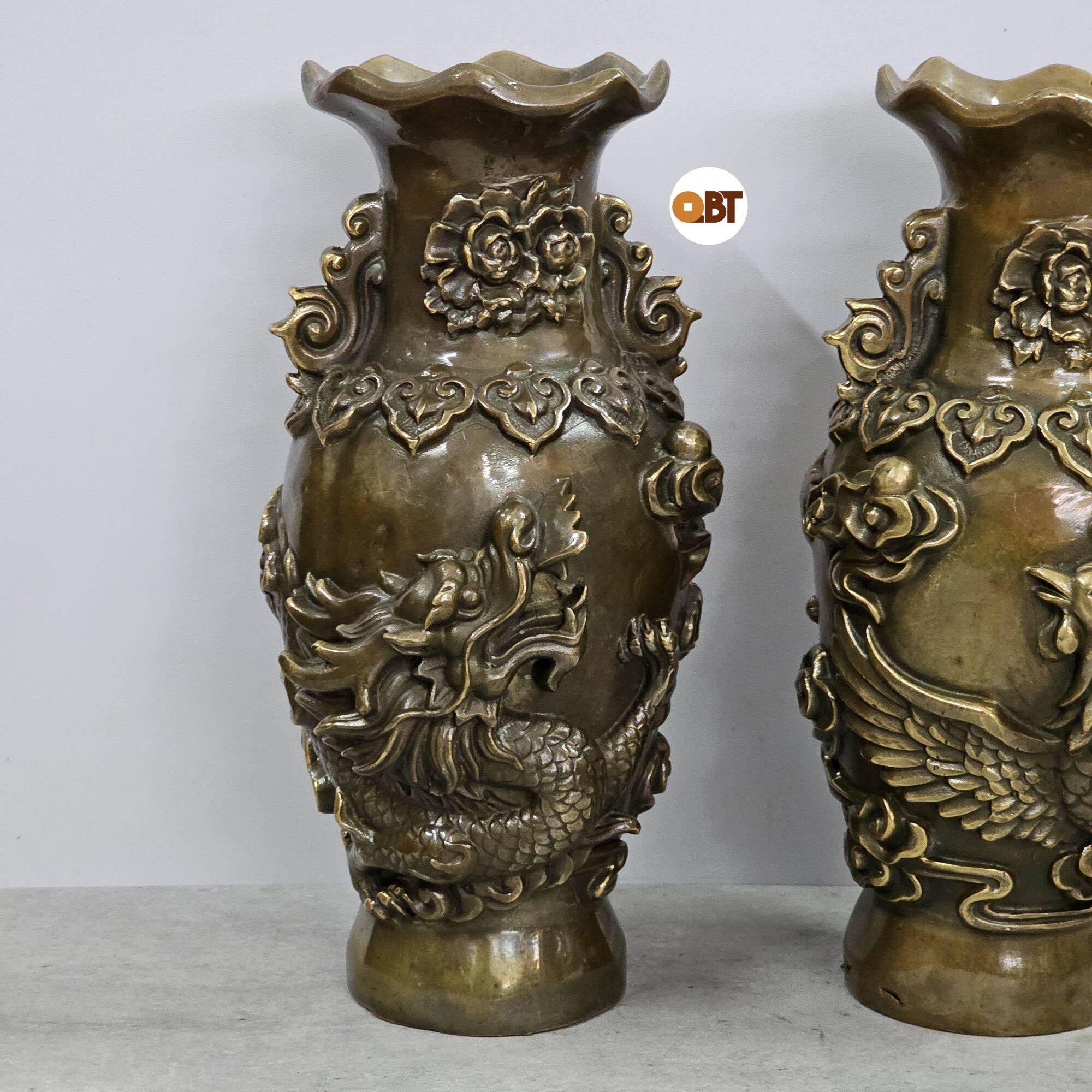 Cặp bình bông long phụng phong thuỷ bằng đồng