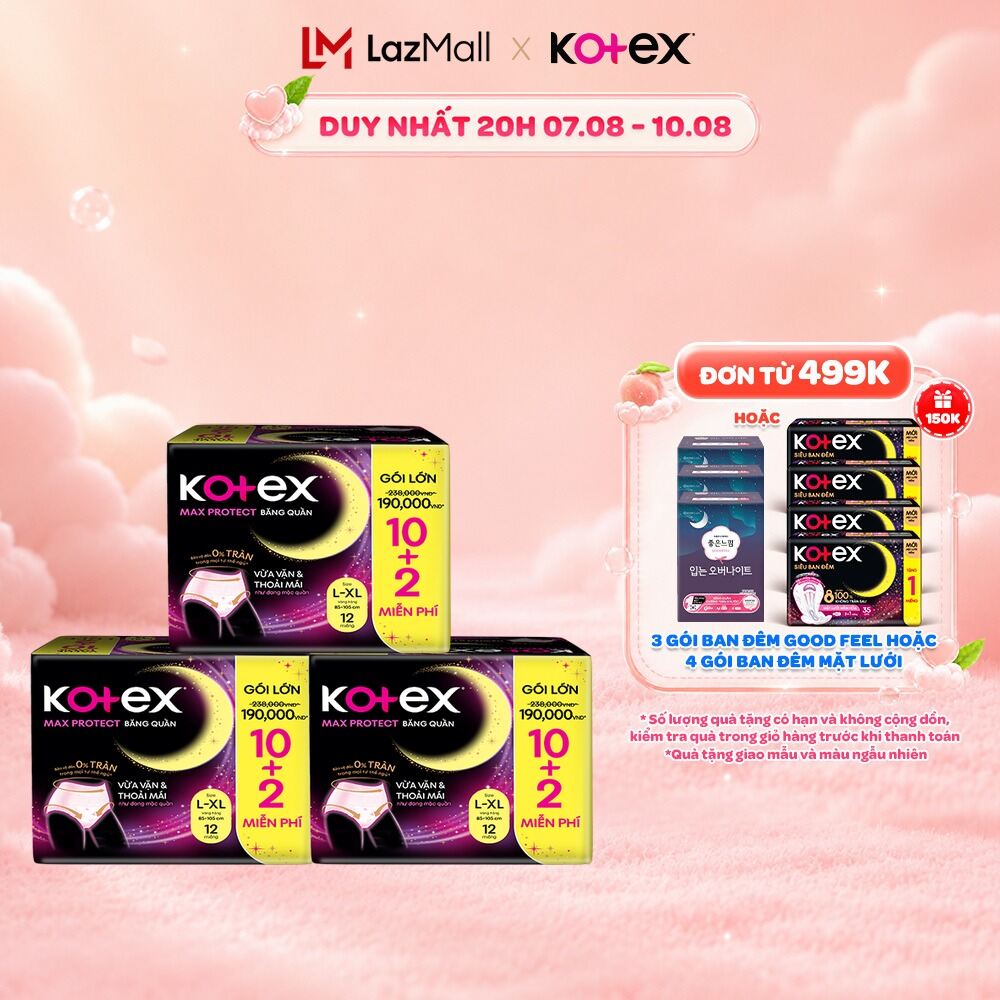 Combo 3 Băng Vệ Sinh Dạng Quần Kotex Ban Đêm Cỡ L/XL (10+2) Miếng/Gói