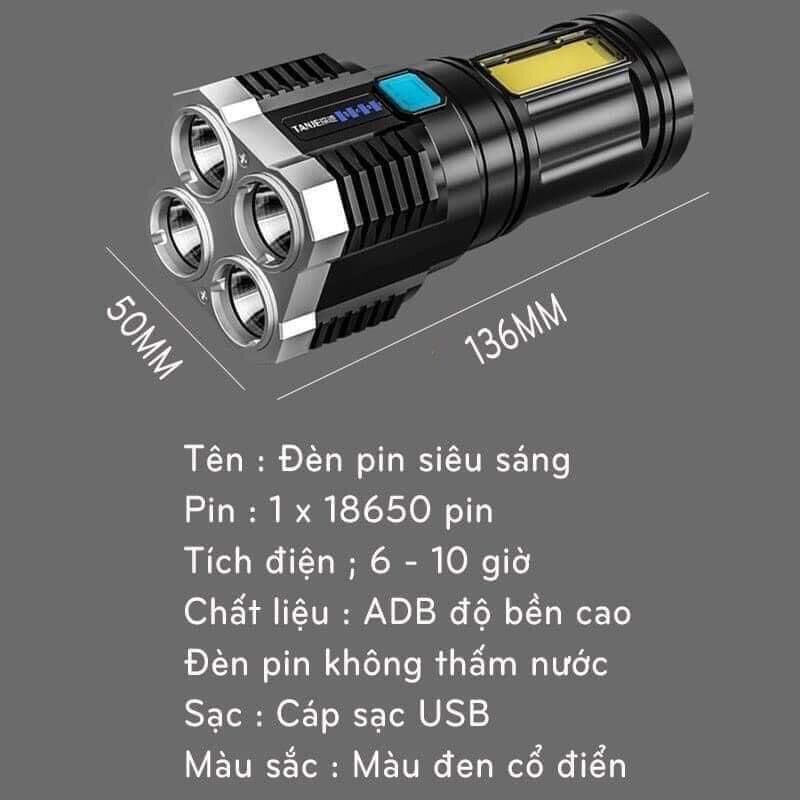 Đèn pin 4 bóng siêu sáng tích điện kt 13.5cm