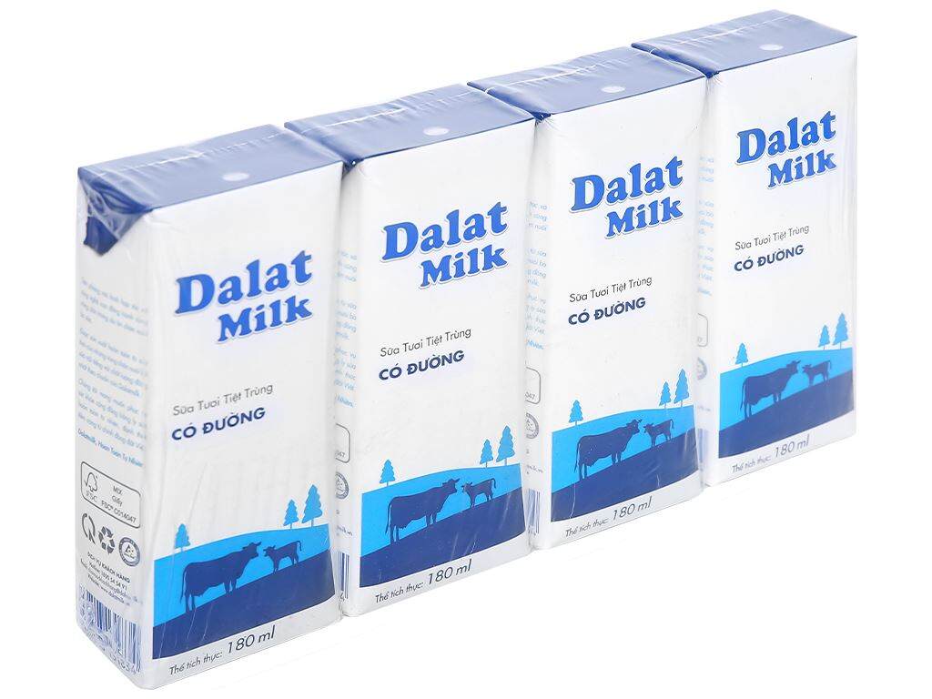 Lốc 4 hộp sữa tươi tiệt trùng có đường Dalat Milk 180ml