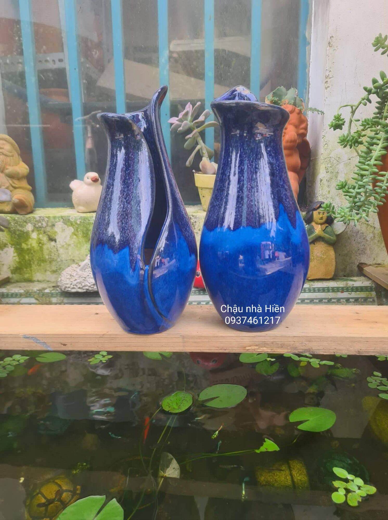 Chậu đất nung Bình Dương bình hoa xẻ tráng men xanh