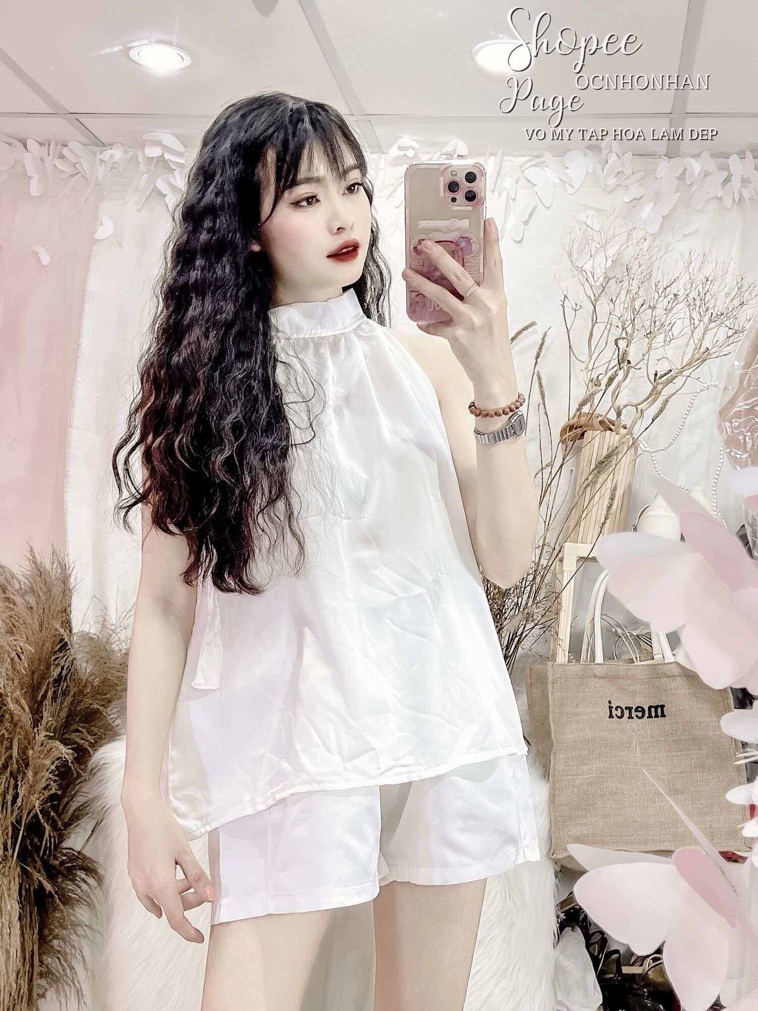set áo yếm lụa cột nơ rời phối quần short tafta