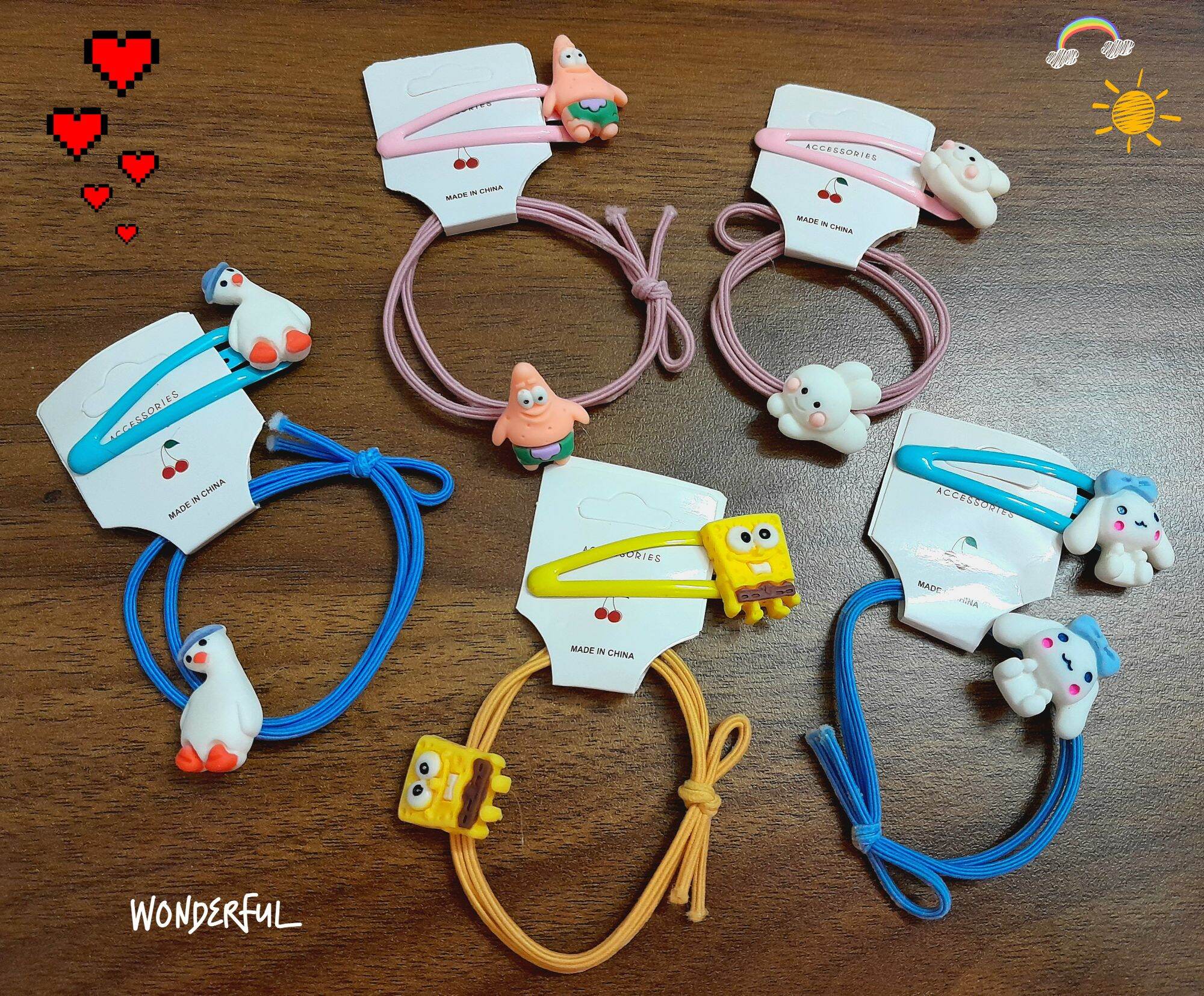 Set 2 kẹp tóc và dây cột tóc nữ đính charm hoạt hình dễ thương
