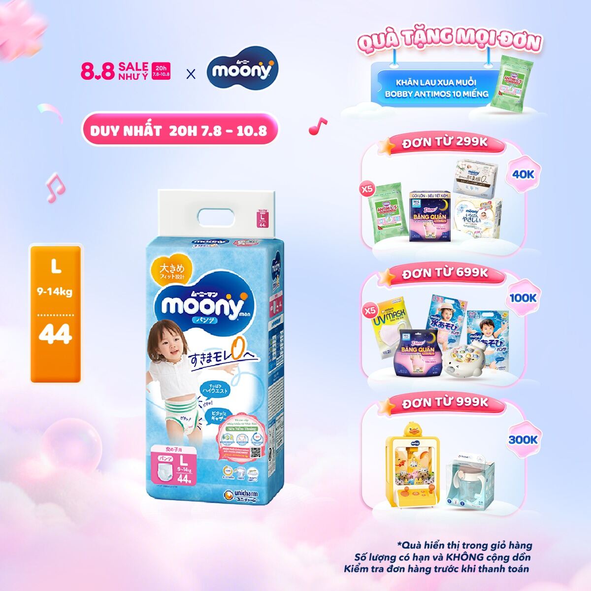 Tã/Bỉm quần cao cấp Moony Blue size L 44 miếng (9 - 14kg) dành cho bé gái