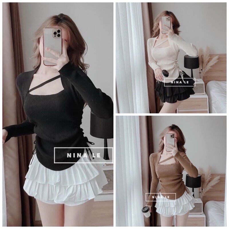 Áo vạt bầu rút dây hai bên xinh đẹp chéo dây cổ RD1