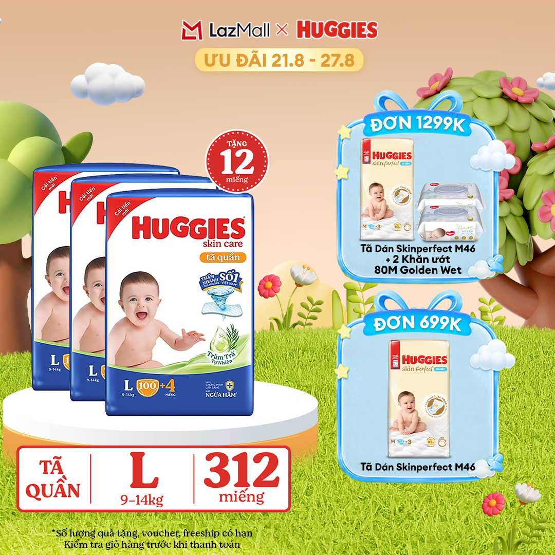 [17-24.08 GIẢM THÊM 90K] Combo 3 Gói Tã/bỉm quần HUGGIES SKINCARE MEGA JUMBO size L96+8 miếng/ L100+4 miếng
