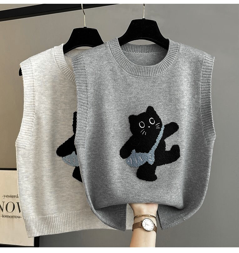 Áo Len Dệt Kim Dễ Thương Áo Vest Thêu Hình Mèo Mùa Thu Đông Thời Trang Đa Năng Cổ Tròn Thường Ngày Áo Khoác Ngoài Cho Nữ