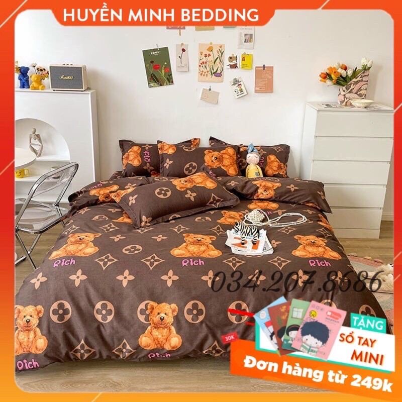Bộ chăn ga gối poly cotton lv gấu - bộ chăn ga gối 5 món cao cấp