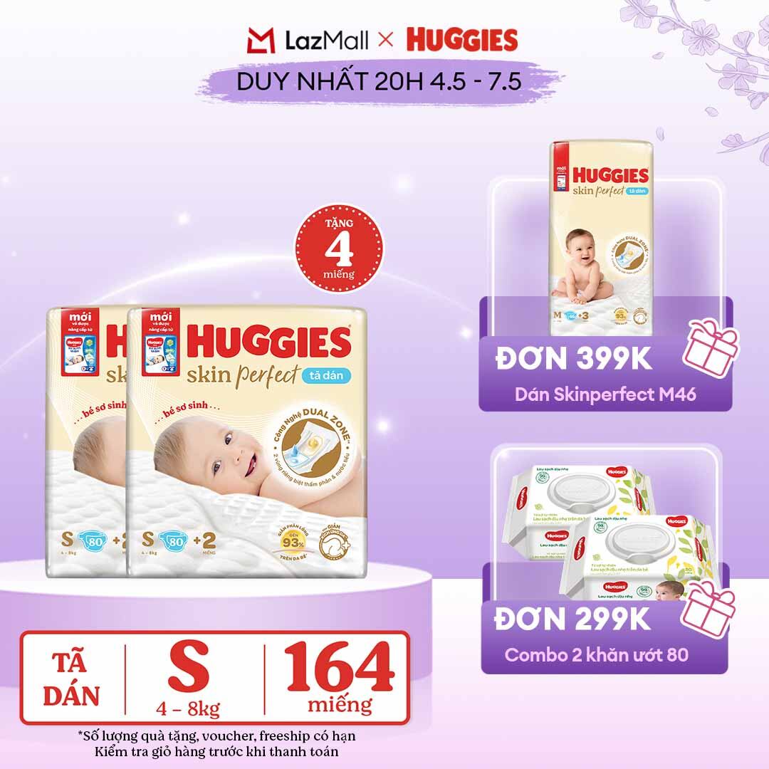 [CHỈ 20h 04-07.05 QUÀ TẶNG ĐƠN 0Đ]  Combo 2 Tã/Bỉm dán sơ sinh Huggies Skin Perfect S80 - 80 miếng