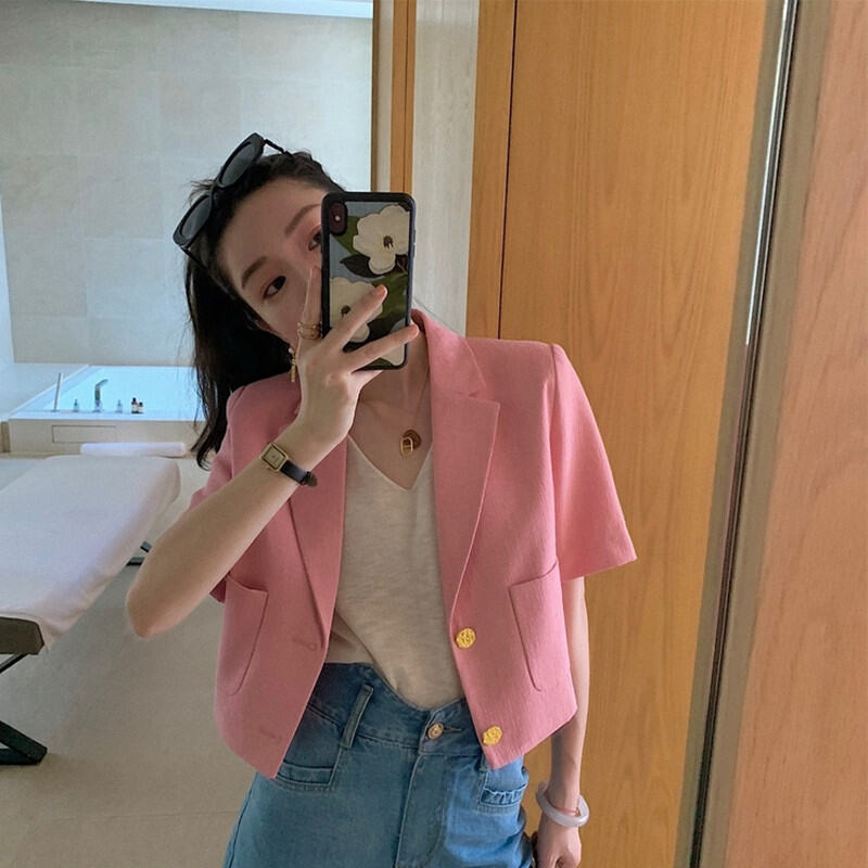 Áo Khoác Ngắn Tay Phong Cách Pháp Màu Hồng Mùa Hè Cho Nữ, Áo Khoác Len Dày, Áo Vest Mỏng, Dáng Rộng, Cỡ Nhỏ