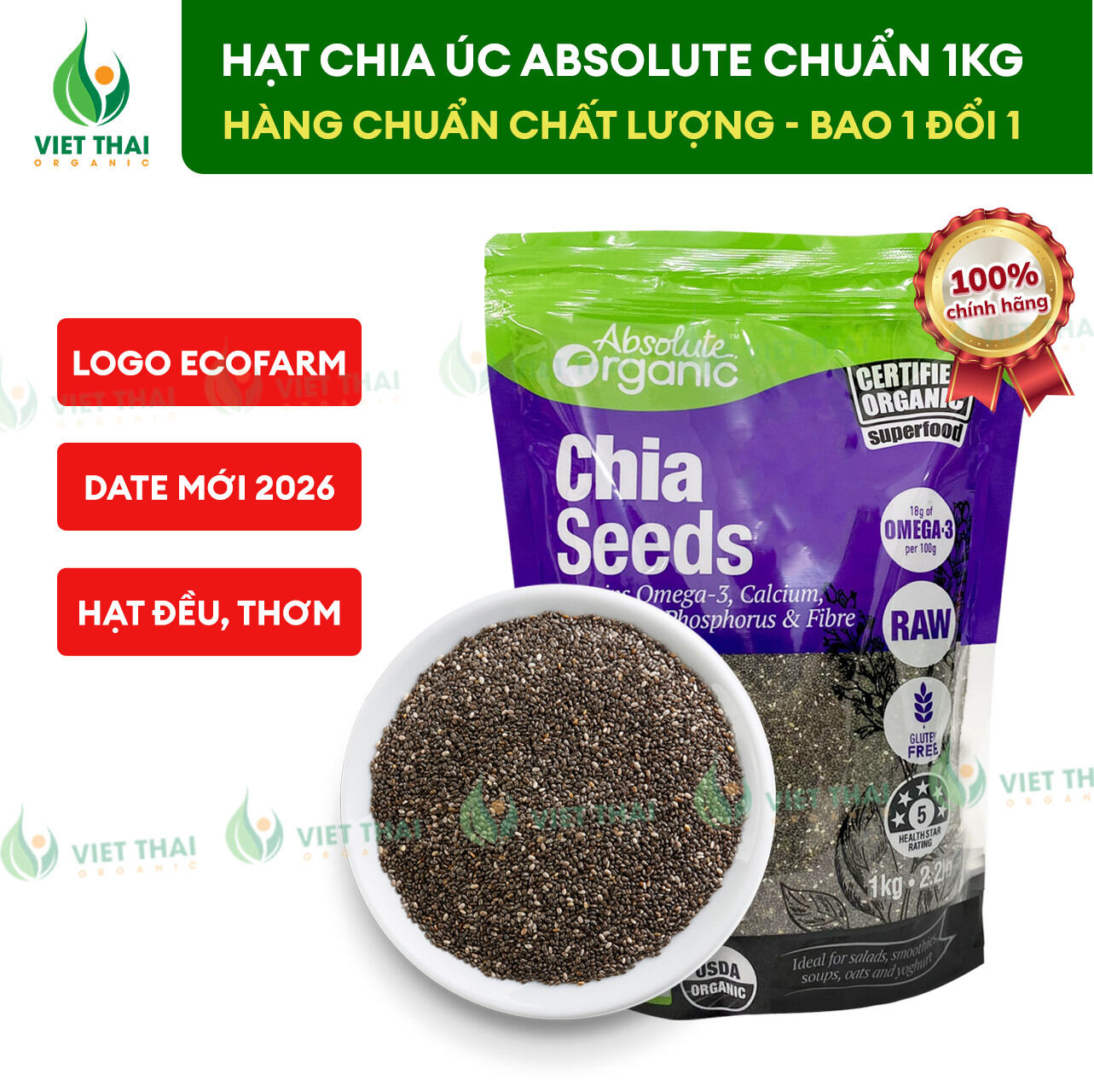[Cực Sốc] Hạt Chia Úc Absolute Organic 1Kg Date Mới Hạt Đều Chất Lượng Thơm Ngon Giàu Chất Dinh Dưỡng