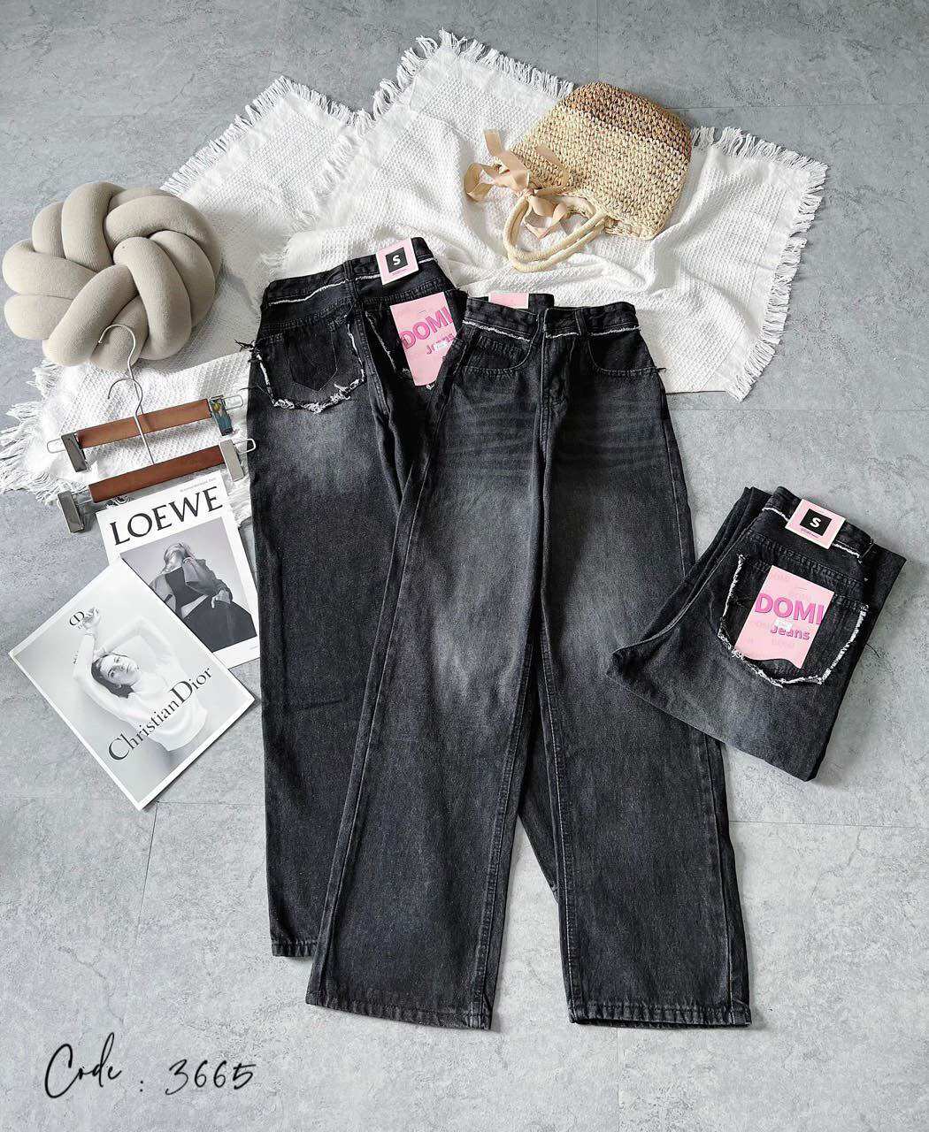 Quần jeans suông viền túi sau cạp quần rách túi pha màu hàng