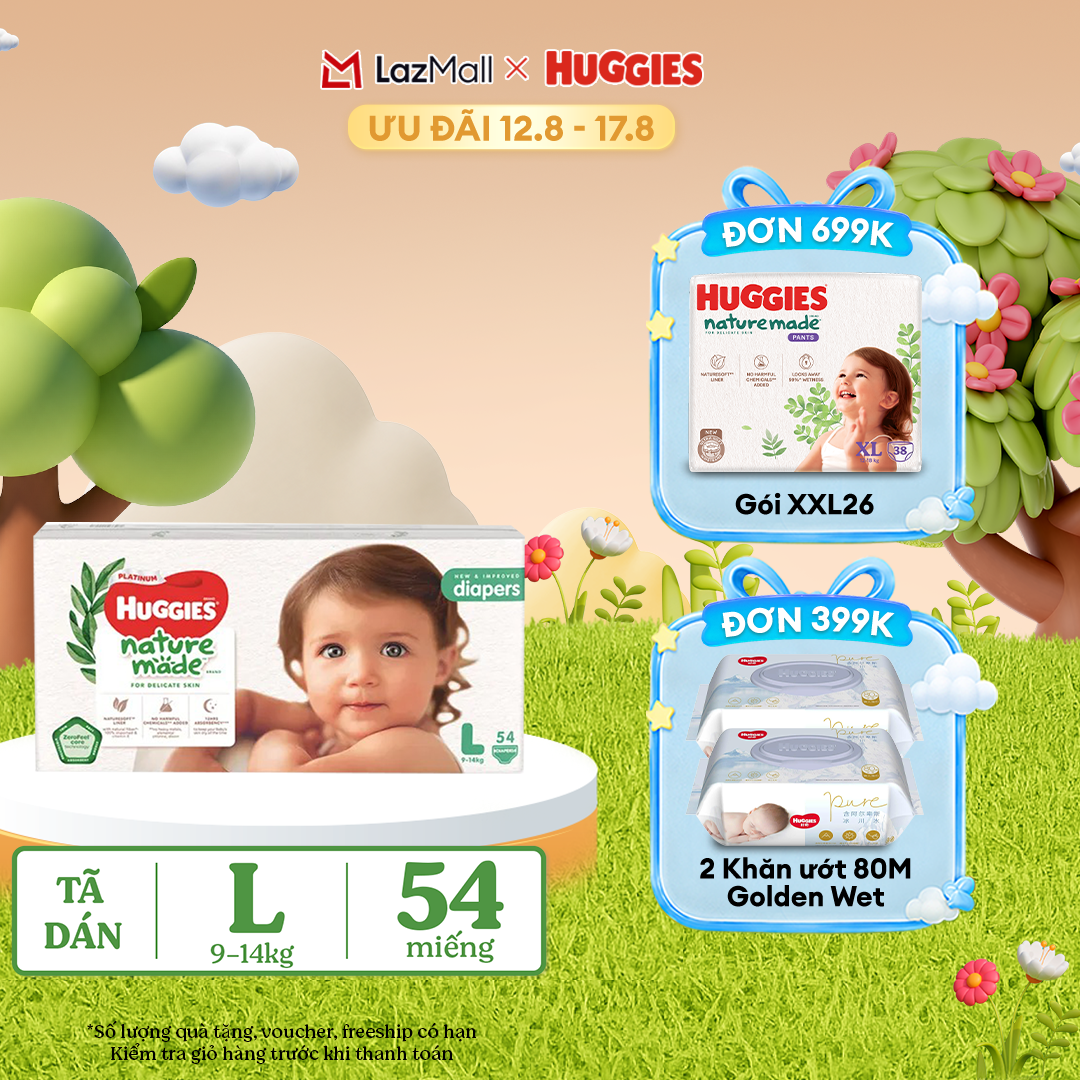 [12-17.08 QUÀ TẶNG ĐƠN 399K] Tã/Bỉm dán HUGGIES PLATINUM NatureMade L54 (9-14kg)-Gói Jumbo 54 miếng