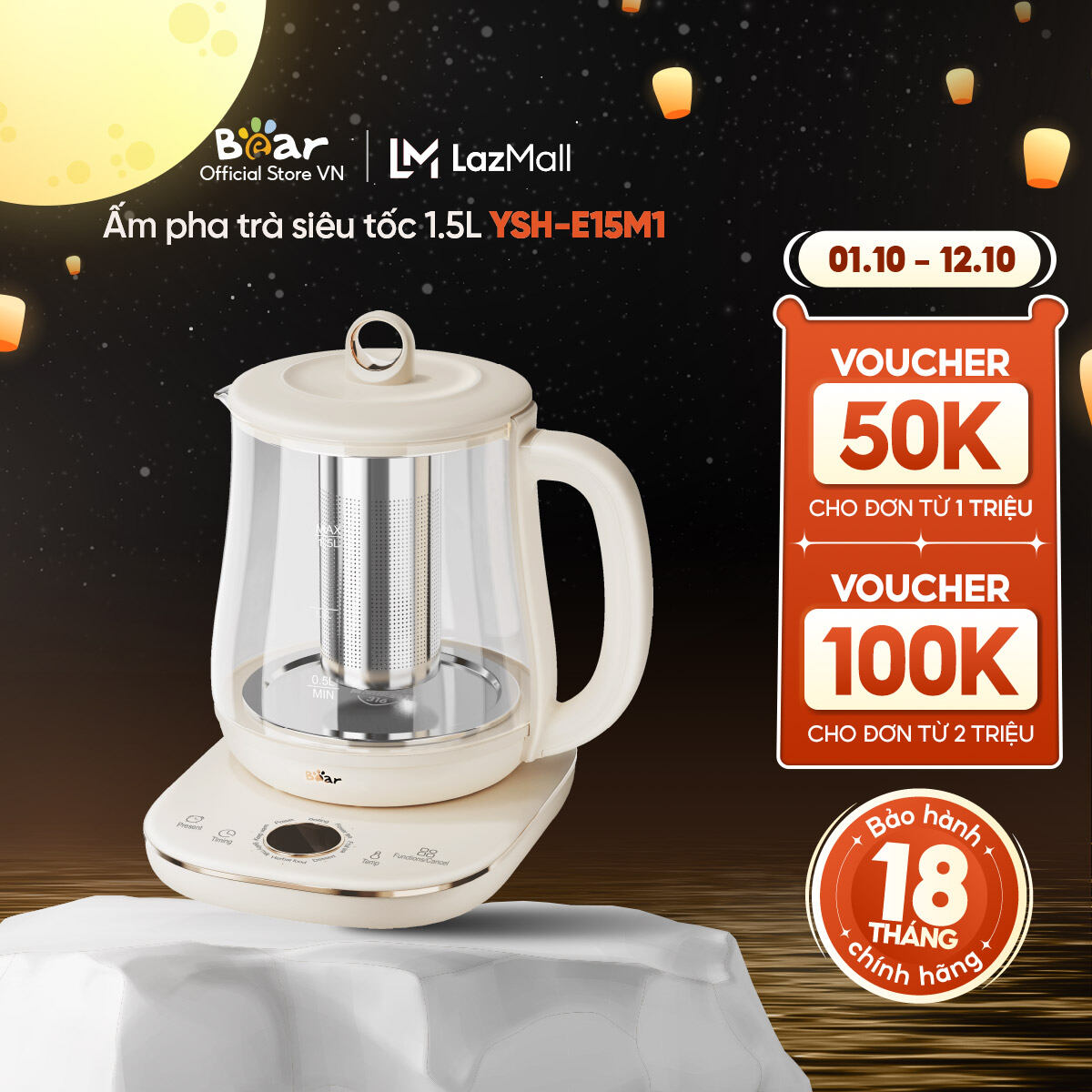 Ấm Đun Pha Trà 1.5L Siêu Tốc Bear YSH-E15M1 - Hàng Chính Hãng