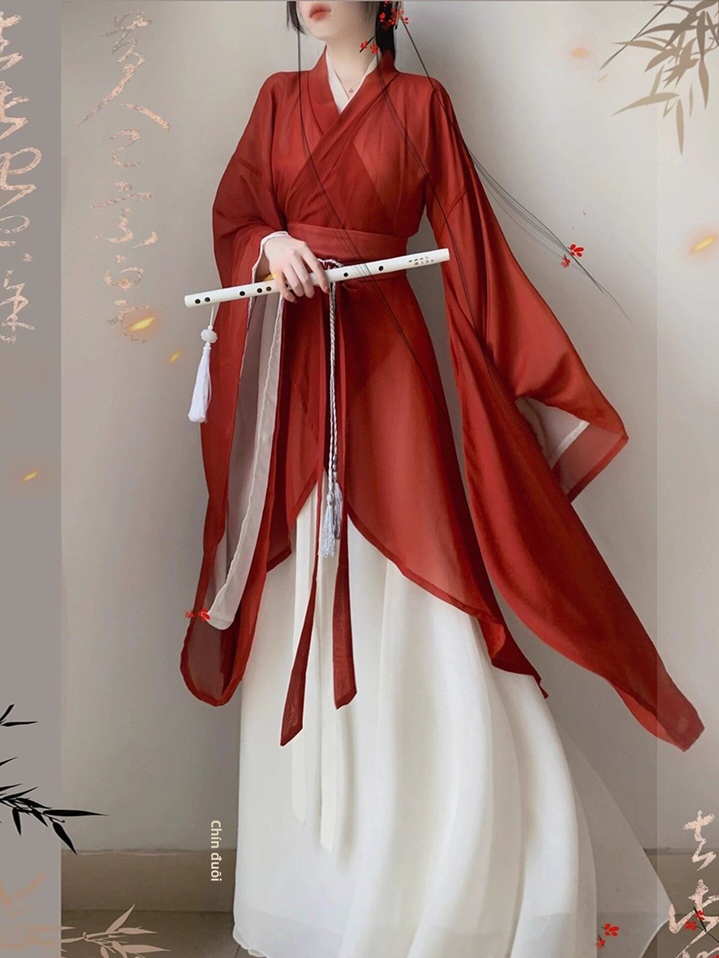Bộ Áo Dài Tàu Cổ Tréo Tay Rộng Đỏ Dài