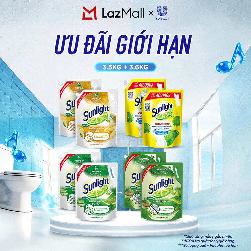 COMBO 2 Nước rửa chén Sunlight Thiên Nhiên Túi 3.3kg  Chanh Túi 3.5kg | Công nghệ Rhamno Clean | Đánh bay dầu mỡ ngay cả trên đồ nhựa
