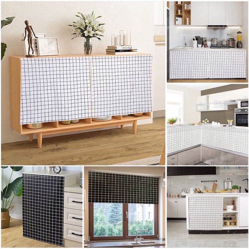 Rèm dán tủ bếp cửa sổ rèm che tiện lợi hoạ tiết caro