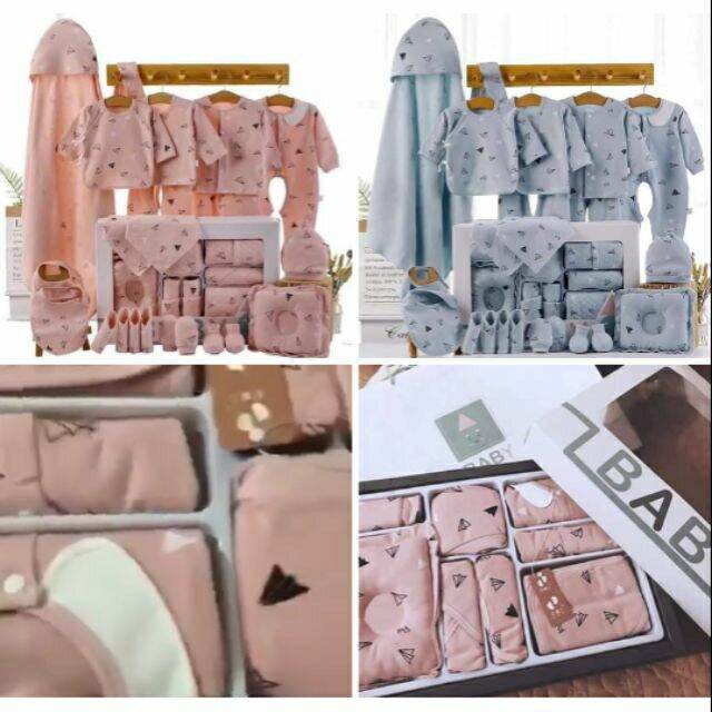 Set hộp quà tặng quần áo sơ sinh cotton 100% 22 món. có 2 màu xanh và hồng